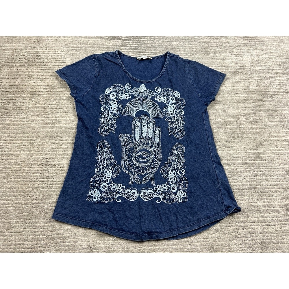 Lucky Lotus Top Womens Medium Blue Boho Short Sleeve Embroidered Cotton Casual